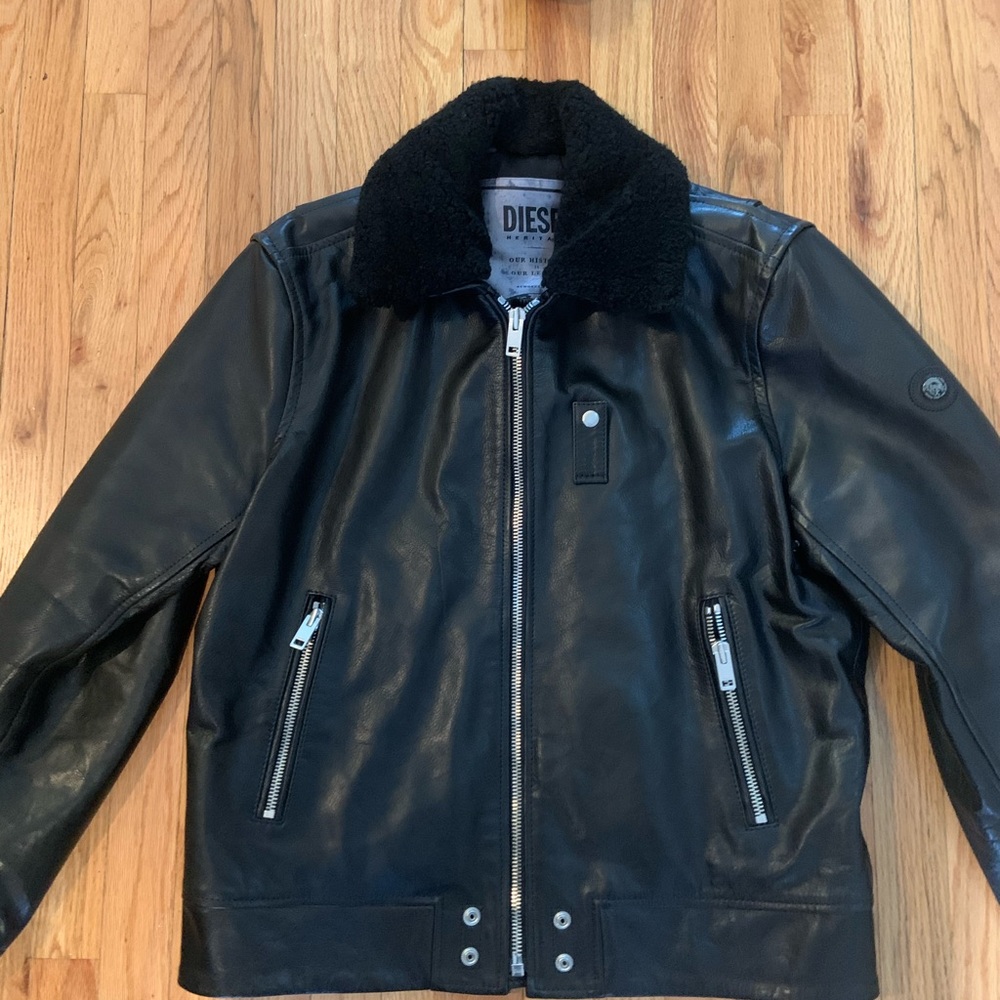 Diesel Leather jacket w removable sheepskin collar